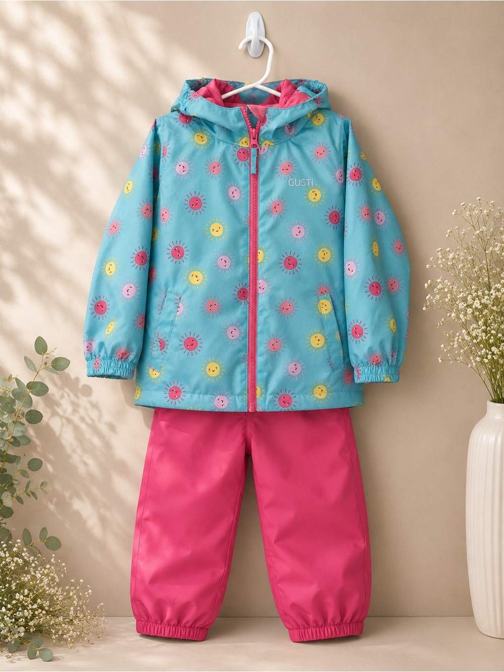 Gustin Kids Hooded Raincoat in Turquoise with Pink and Yellow Sun Prints